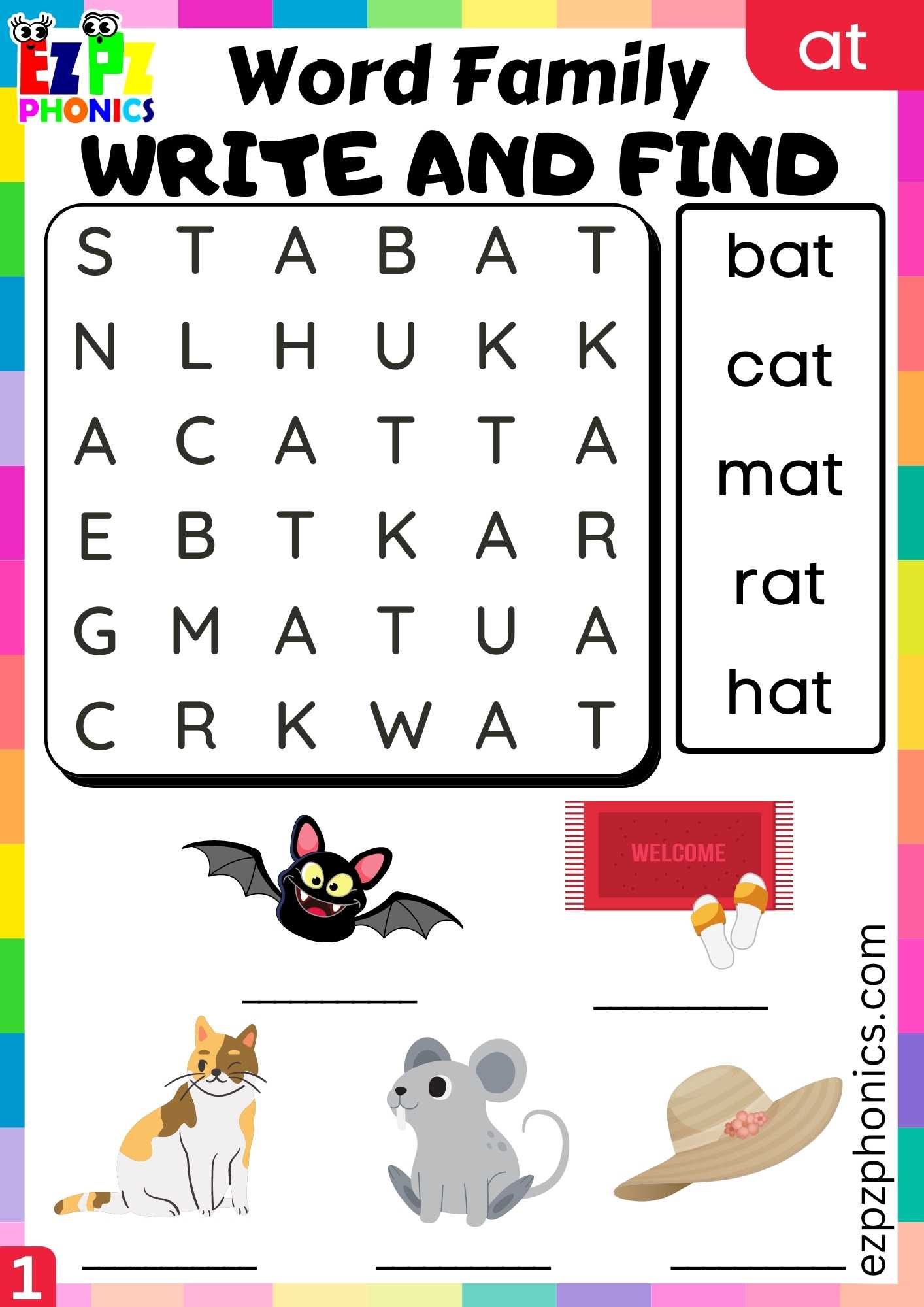 AT Words Write And Find Phonics Word Families Worksheet